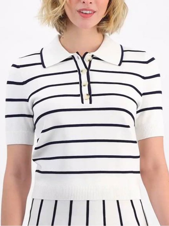 ON 34th Tops - On 34th / Striped Knit Short Sleeve Polo Sweater Top / white black